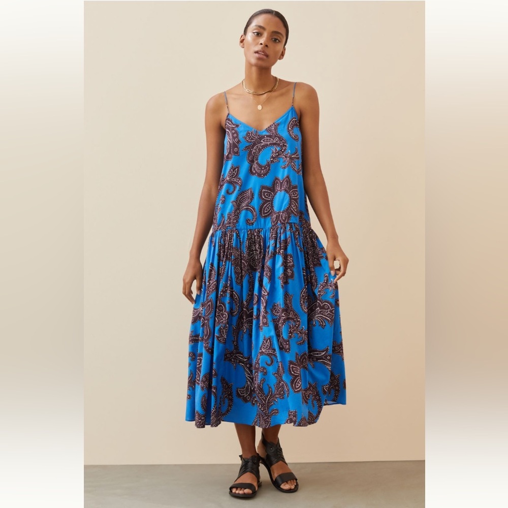 ATSU Flouncy Paisley Midi Dress in Blue